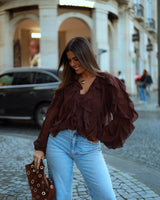 LENORE RUFFLE BLOUSE - BROWN