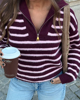 BURGUNDY & PINK ZIP STRIPED POLO KNIT