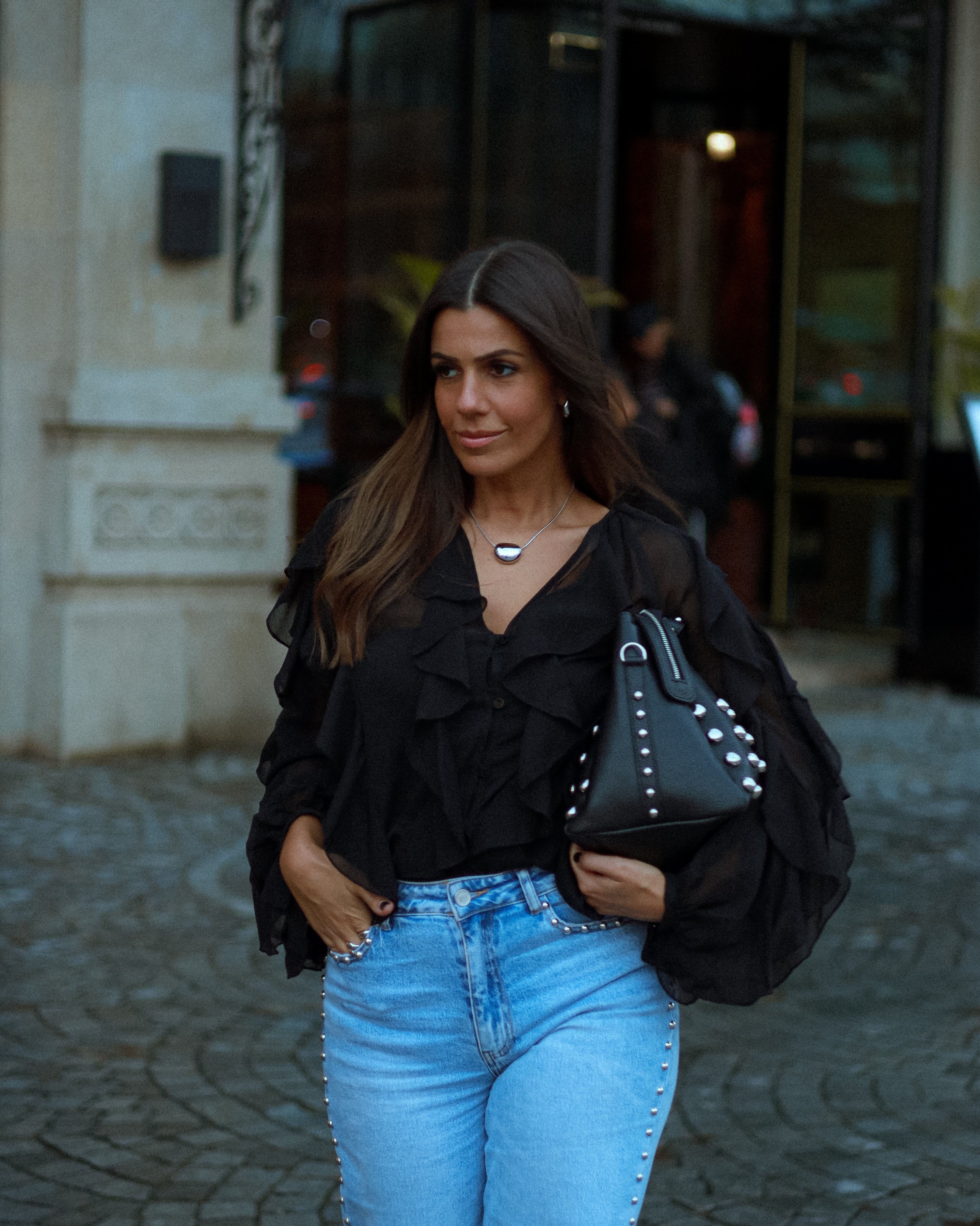LENORE RUFFLE BLOUSE - BLACK