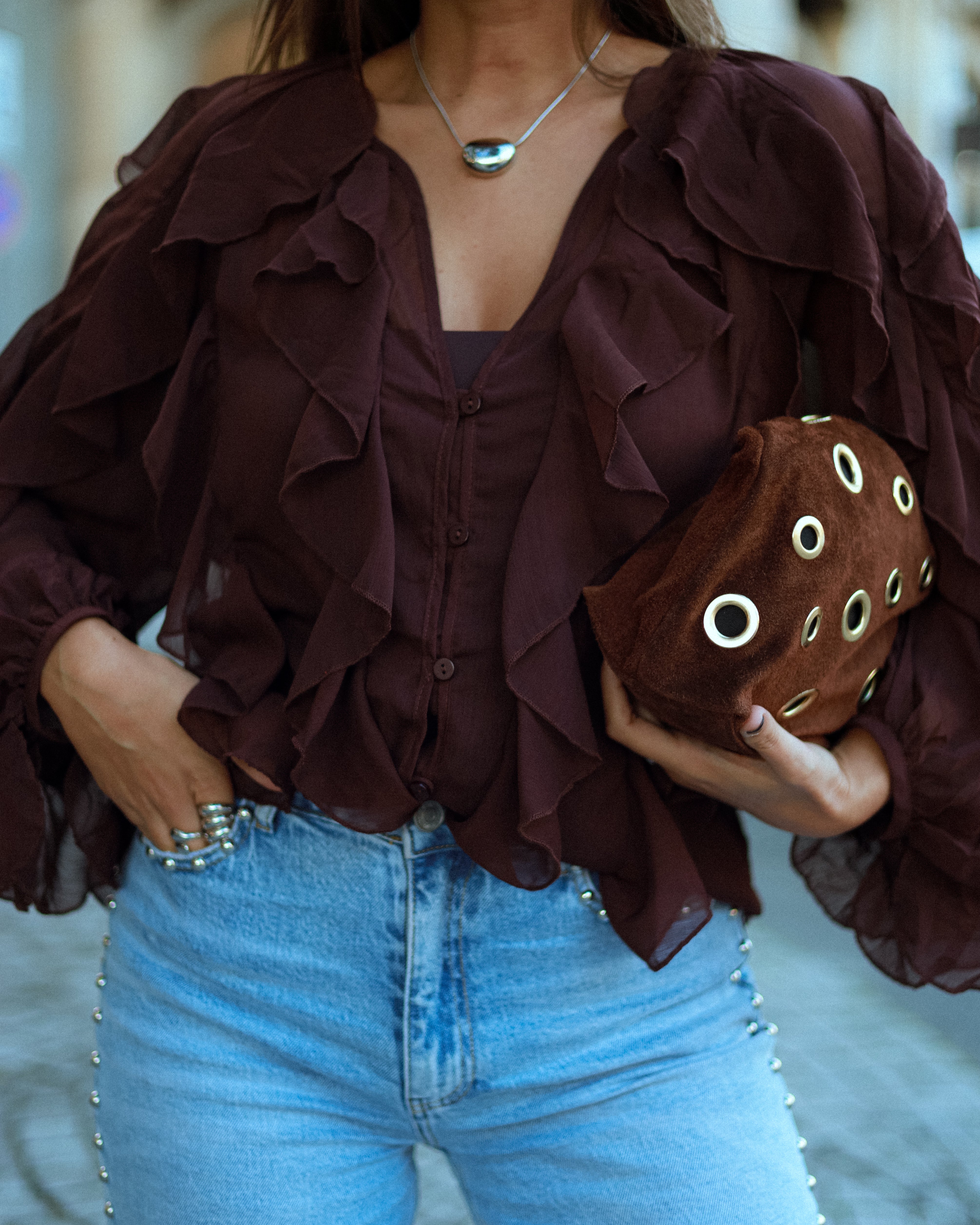 LENORE RUFFLE BLOUSE - BROWN