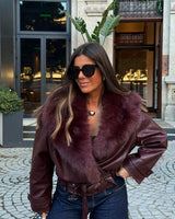 BURGUNDY FAUX FUR COLLAR JACKET