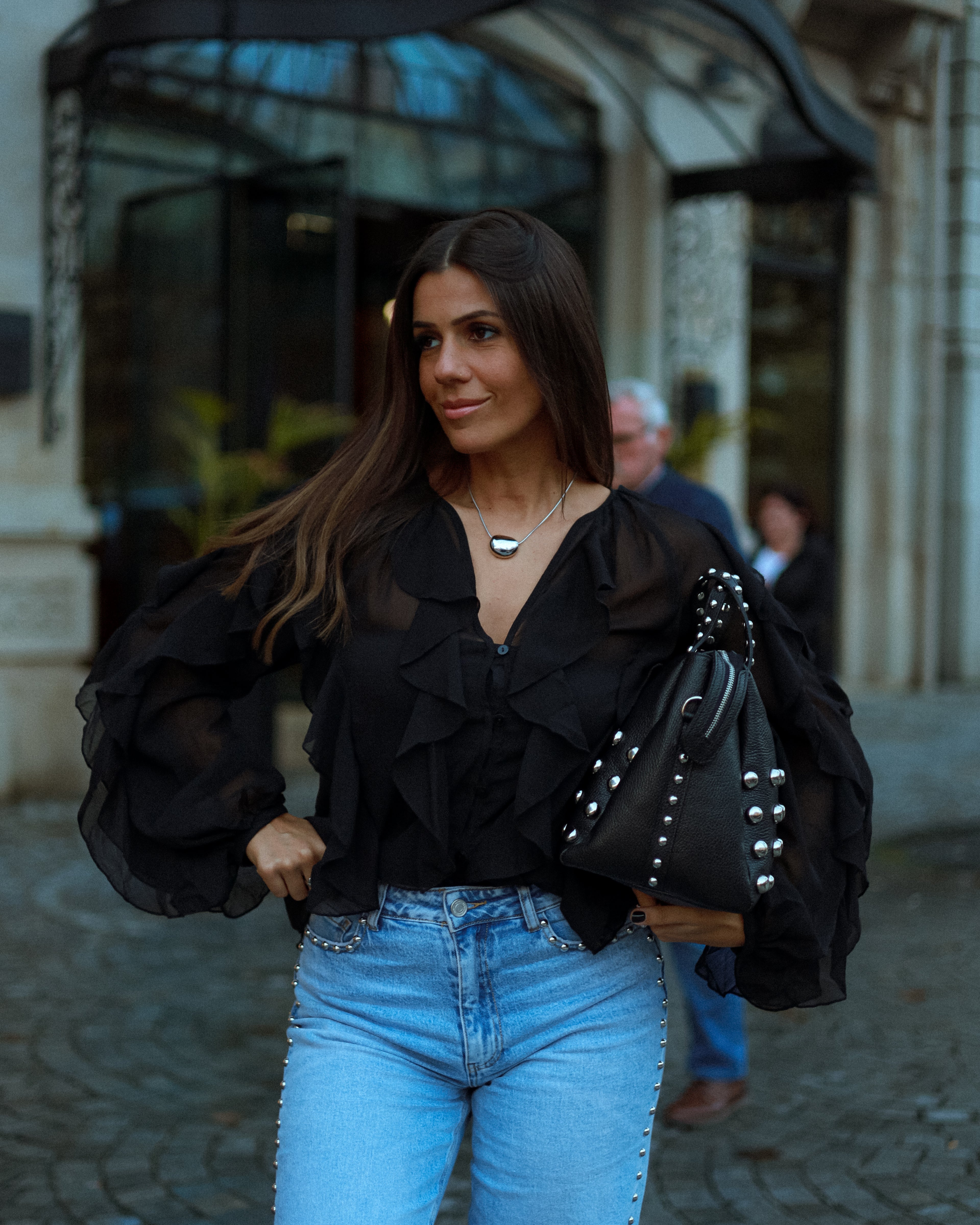 LENORE RUFFLE BLOUSE - BLACK