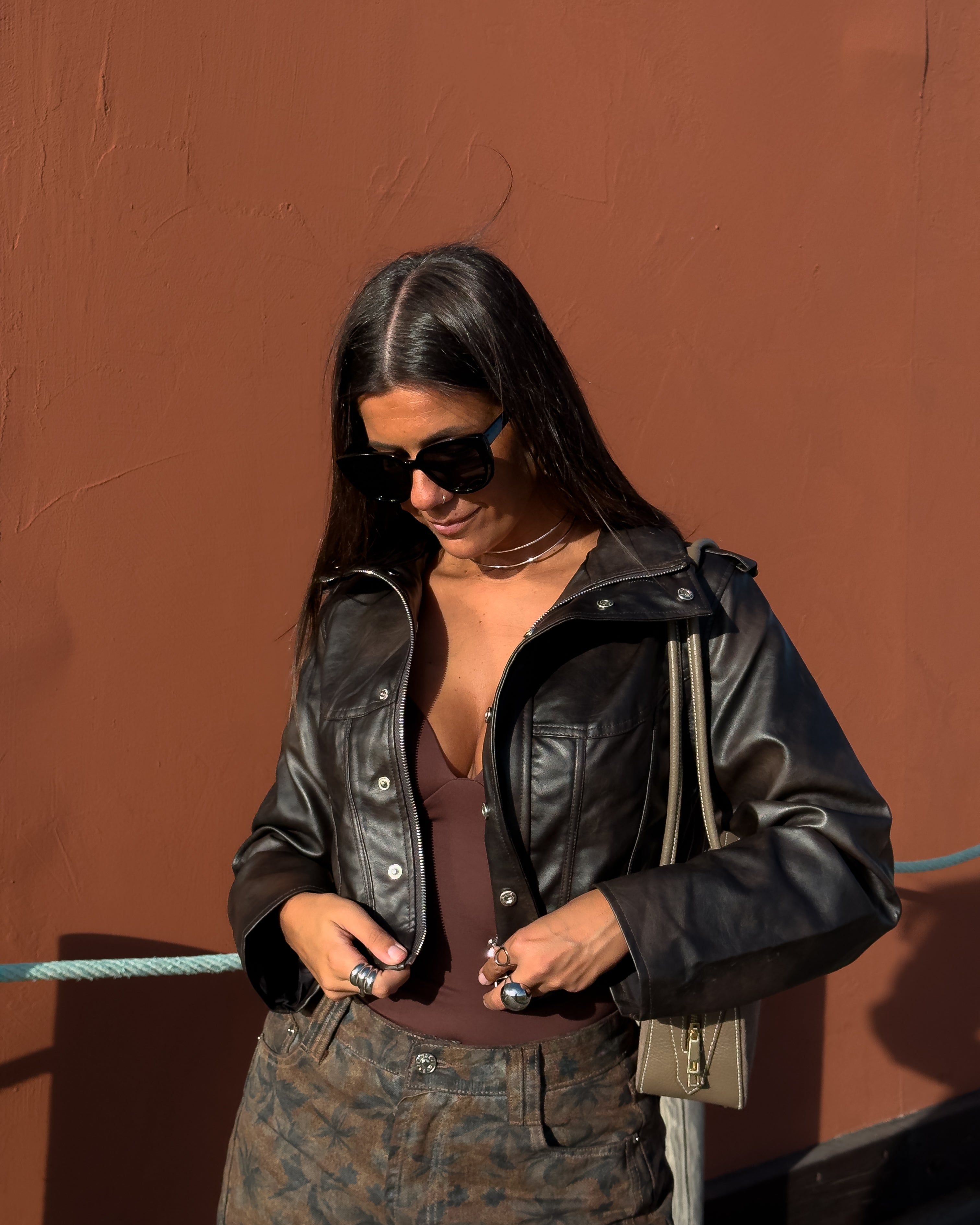 MORGANA FAUX LEATHER JACKET - BROWN