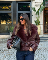 BURGUNDY FAUX FUR COLLAR JACKET